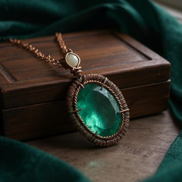🆕 Boho Chic Genuine Emerald & Moonstone Copper Wire Artisan Stunning Necklace - Picture 1 of 15